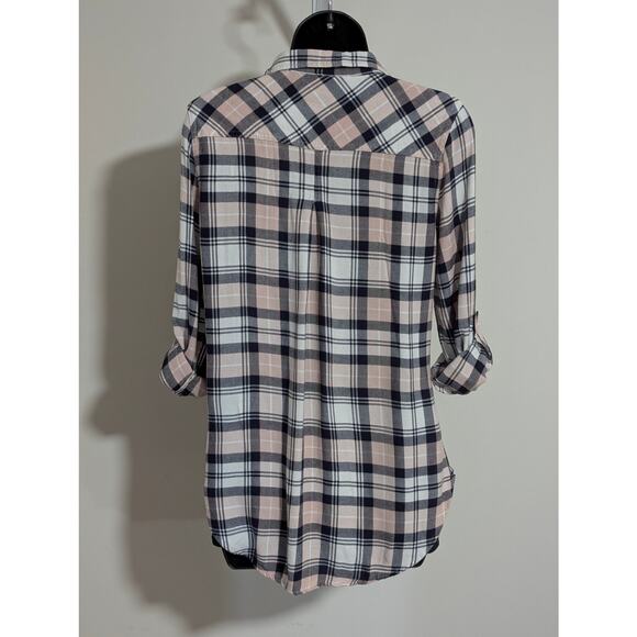 Kenneth Cole Reaction Pink & Navy Plaid Button Down Blouse Shirt Size Small - Picture 3 of 5